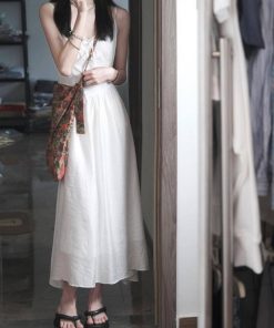 Elegant White Spaghetti Strap Dress with Fairy Waist-Cinching, Slim-Fitting Design - Summer Vacation Style in French-Inspired Fashion