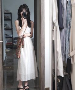 Elegant White Spaghetti Strap Dress with Fairy Waist-Cinching, Slim-Fitting Design - Summer Vacation Style in French-Inspired Fashion