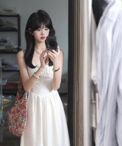 Elegant White Spaghetti Strap Dress with Fairy Waist-Cinching, Slim-Fitting Design - Summer Vacation Style in French-Inspired Fashion