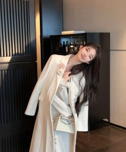 Elegant White Woolen Mid-Length Coat for Women, Loose Fit Floral Design, Stylish Winter Outerwear