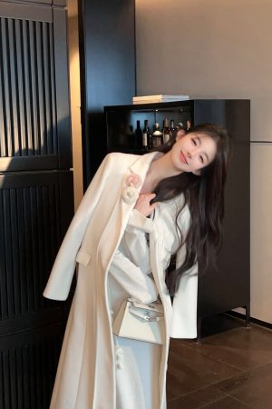 Elegant White Woolen Mid-Length Coat for Women, Loose Fit Floral Design, Stylish Winter Outerwear