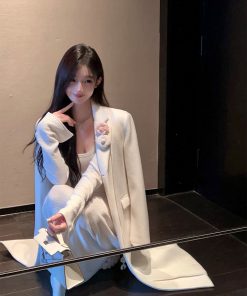 Elegant White Woolen Mid-Length Coat for Women, Loose Fit Floral Design, Stylish Winter Outerwear