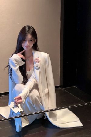 Elegant White Woolen Mid-Length Coat for Women, Loose Fit Floral Design, Stylish Winter Outerwear