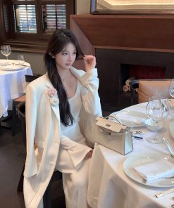 Elegant White Woolen Mid-Length Coat for Women, Loose Fit Floral Design, Stylish Winter Outerwear