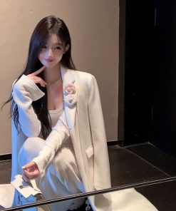 Elegant White Woolen Mid-Length Coat for Women, Loose Fit Floral Design, Stylish Winter Outerwear