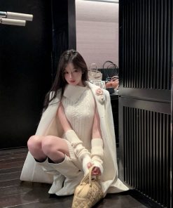 Elegant White Woolen Mid-Length Coat for Women, Loose Fit Floral Design, Stylish Winter Outerwear