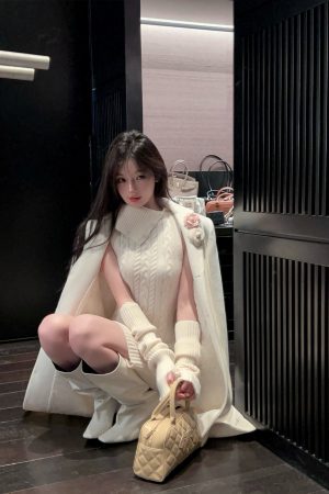 Elegant White Woolen Mid-Length Coat for Women, Loose Fit Floral Design, Stylish Winter Outerwear