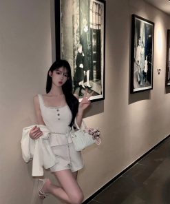 Elegant White Woolen Top and High Waist Shorts Two-Piece Set for Women - Autumn Winter Fashion, Chic Style, Cozy Layering Outfit