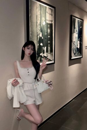 Elegant White Woolen Top and High Waist Shorts Two-Piece Set for Women - Autumn Winter Fashion, Chic Style, Cozy Layering Outfit