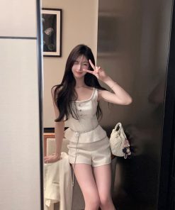 Elegant White Woolen Top and High Waist Shorts Two-Piece Set for Women - Autumn Winter Fashion, Chic Style, Cozy Layering Outfit