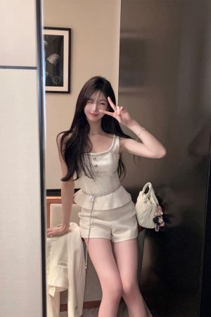 Elegant White Woolen Top and High Waist Shorts Two-Piece Set for Women - Autumn Winter Fashion, Chic Style, Cozy Layering Outfit