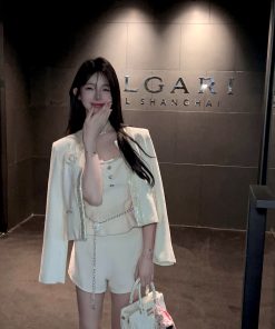 Elegant White Woolen Top and High Waist Shorts Two-Piece Set for Women - Autumn Winter Fashion, Chic Style, Cozy Layering Outfit