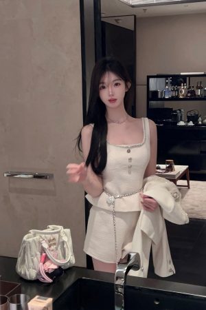 Elegant White Woolen Top and High Waist Shorts Two-Piece Set for Women - Autumn Winter Fashion, Chic Style, Cozy Layering Outfit