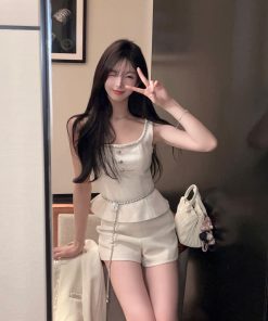 Elegant White Woolen Top and High Waist Shorts Two-Piece Set for Women - Autumn Winter Fashion, Chic Style, Cozy Layering Outfit