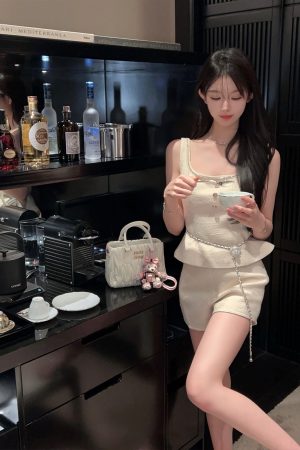 Elegant White Woolen Top and High Waist Shorts Two-Piece Set for Women - Autumn Winter Fashion, Chic Style, Cozy Layering Outfit
