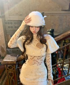 Elegant Women's Autumn Long Sleeve Lace Cape Top with Plush Skirt - High-End Fashion for Chic 90s and Y2K Inspired Looks