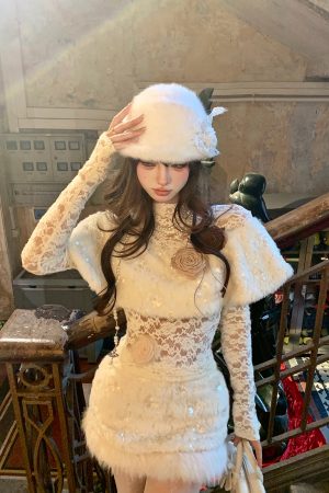 Elegant Women's Autumn Long Sleeve Lace Cape Top with Plush Skirt - High-End Fashion for Chic 90s and Y2K Inspired Looks