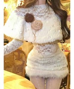 Elegant Women's Autumn Long Sleeve Lace Cape Top with Plush Skirt - High-End Fashion for Chic 90s and Y2K Inspired Looks