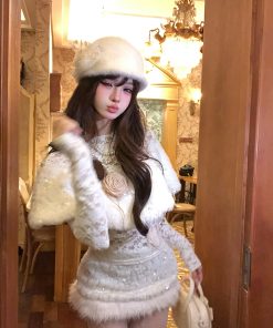 Elegant Women's Autumn Long Sleeve Lace Cape Top with Plush Skirt - High-End Fashion for Chic 90s and Y2K Inspired Looks