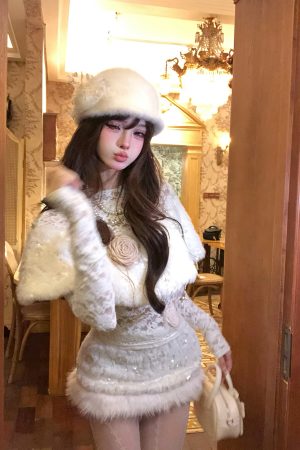 Elegant Women's Autumn Long Sleeve Lace Cape Top with Plush Skirt - High-End Fashion for Chic 90s and Y2K Inspired Looks