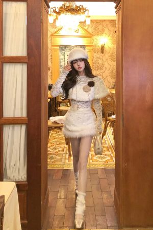 Elegant Women's Autumn Long Sleeve Lace Cape Top with Plush Skirt - High-End Fashion for Chic 90s and Y2K Inspired Looks