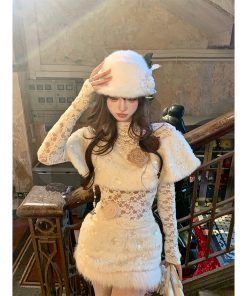 Elegant Women's Autumn Long Sleeve Lace Cape Top with Plush Skirt - High-End Fashion for Chic 90s and Y2K Inspired Looks