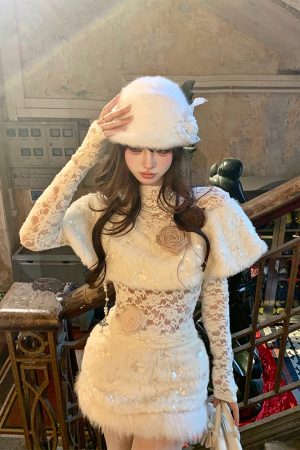 Elegant Women's Autumn Long Sleeve Lace Cape Top with Plush Skirt - High-End Fashion for Chic 90s and Y2K Inspired Looks