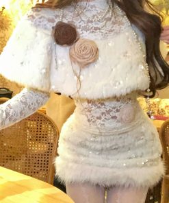 Elegant Women's Autumn Long Sleeve Lace Cape Top with Plush Skirt - High-End Fashion for Chic 90s and Y2K Inspired Looks