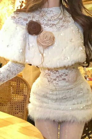 Elegant Women's Autumn Long Sleeve Lace Cape Top with Plush Skirt - High-End Fashion for Chic 90s and Y2K Inspired Looks