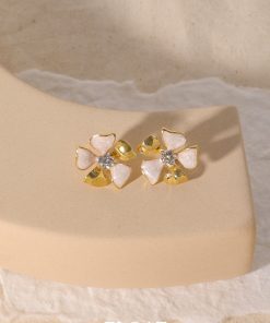 Elegant Women's French Floral Drip Glaze Earrings with Sparkling Diamond Details - Gold Flower Ear Clips
