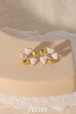 Elegant Women's French Floral Drip Glaze Earrings with Sparkling Diamond Details - Gold Flower Ear Clips