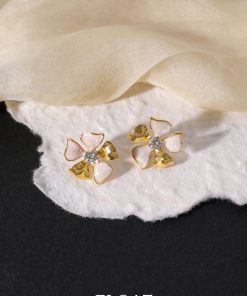Elegant Women's French Floral Drip Glaze Earrings with Sparkling Diamond Details - Gold Flower Ear Clips