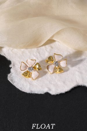 Elegant Women's French Floral Drip Glaze Earrings with Sparkling Diamond Details - Gold Flower Ear Clips
