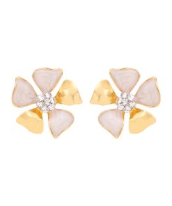Elegant Women's French Floral Drip Glaze Earrings with Sparkling Diamond Details - Gold Flower Ear Clips