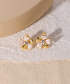 Elegant Women's French Floral Drip Glaze Earrings with Sparkling Diamond Details - Gold Flower Ear Clips