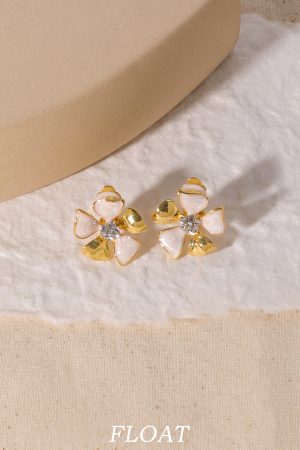 Elegant Women's French Floral Drip Glaze Earrings with Sparkling Diamond Details - Gold Flower Ear Clips