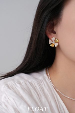 Elegant Women's French Floral Drip Glaze Earrings with Sparkling Diamond Details - Gold Flower Ear Clips