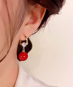 Elegant Women's Red Pomegranate Cubic Zirconia Ear Clips - Unique Light Luxury Fashion Earrings for Autumn Winter Style