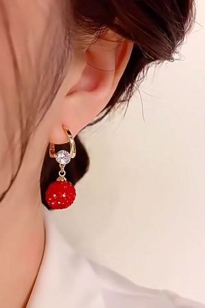 Elegant Women's Red Pomegranate Cubic Zirconia Ear Clips - Unique Light Luxury Fashion Earrings for Autumn Winter Style