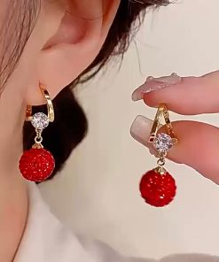Elegant Women's Red Pomegranate Cubic Zirconia Ear Clips - Unique Light Luxury Fashion Earrings for Autumn Winter Style