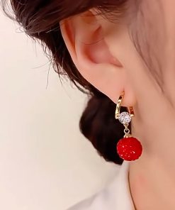 Elegant Women's Red Pomegranate Cubic Zirconia Ear Clips - Unique Light Luxury Fashion Earrings for Autumn Winter Style
