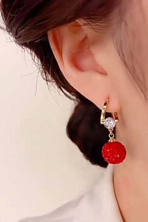 Elegant Women's Red Pomegranate Cubic Zirconia Ear Clips - Unique Light Luxury Fashion Earrings for Autumn Winter Style