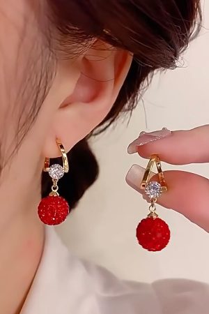 Elegant Women's Red Pomegranate Cubic Zirconia Ear Clips - Unique Light Luxury Fashion Earrings for Autumn Winter Style