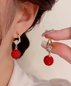 Elegant Women's Red Pomegranate Cubic Zirconia Ear Clips - Unique Light Luxury Fashion Earrings for Autumn Winter Style