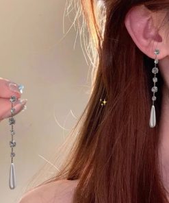 Elegant Zircon Pearl Water Drop Tassel Earrings - High-End Light Luxury Face-Slimming Ear Pendants for Women