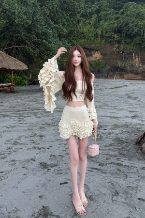 Elf-Inspired Socialite Style Bell Sleeve Off-Shoulder Top Dress with Short Skirt for Women - Trendy 90s Y2K Fashion