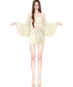 Elf-Inspired Socialite Style Bell Sleeve Off-Shoulder Top Dress with Short Skirt for Women - Trendy 90s Y2K Fashion