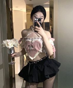 Embellished Pearl and Rhinestone Design Dress Skirt Pants with Metal Waist Chain – Trendy Y2K Fashion Statement Piece