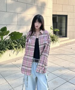 Embroidered American Vintage Pink Plaid Shirt for Women - Loose Fit Long Sleeve Jacket, Spring Autumn Fashion, Y2K Style