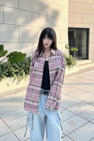 Embroidered American Vintage Pink Plaid Shirt for Women - Loose Fit Long Sleeve Jacket, Spring Autumn Fashion, Y2K Style